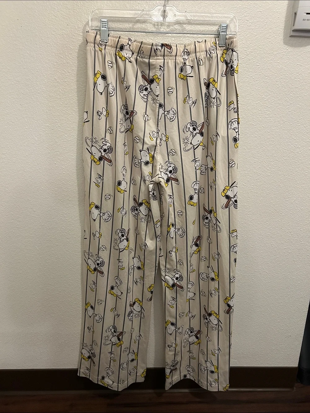 Peanuts Beige Snoopy Baseball Print Pajama Pants with Yellow Drawstring
